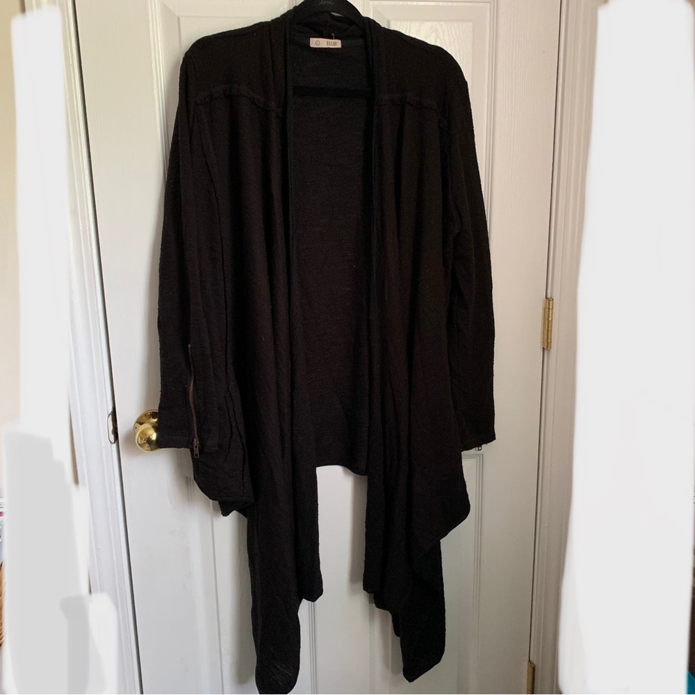 Ellui large black wrap jacket, long front, zip detail on sleeves, pockets